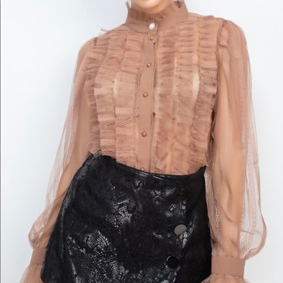 Dark Taupe Sheer Long Sleeve Ruffle Mock Neck Blouse - Picture 2 of 7